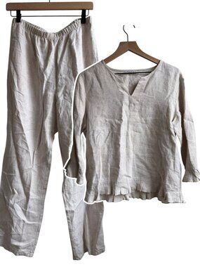 Late 1990's Russ Berens Malibu 100% Linen Pants Shirt Set Size Medium